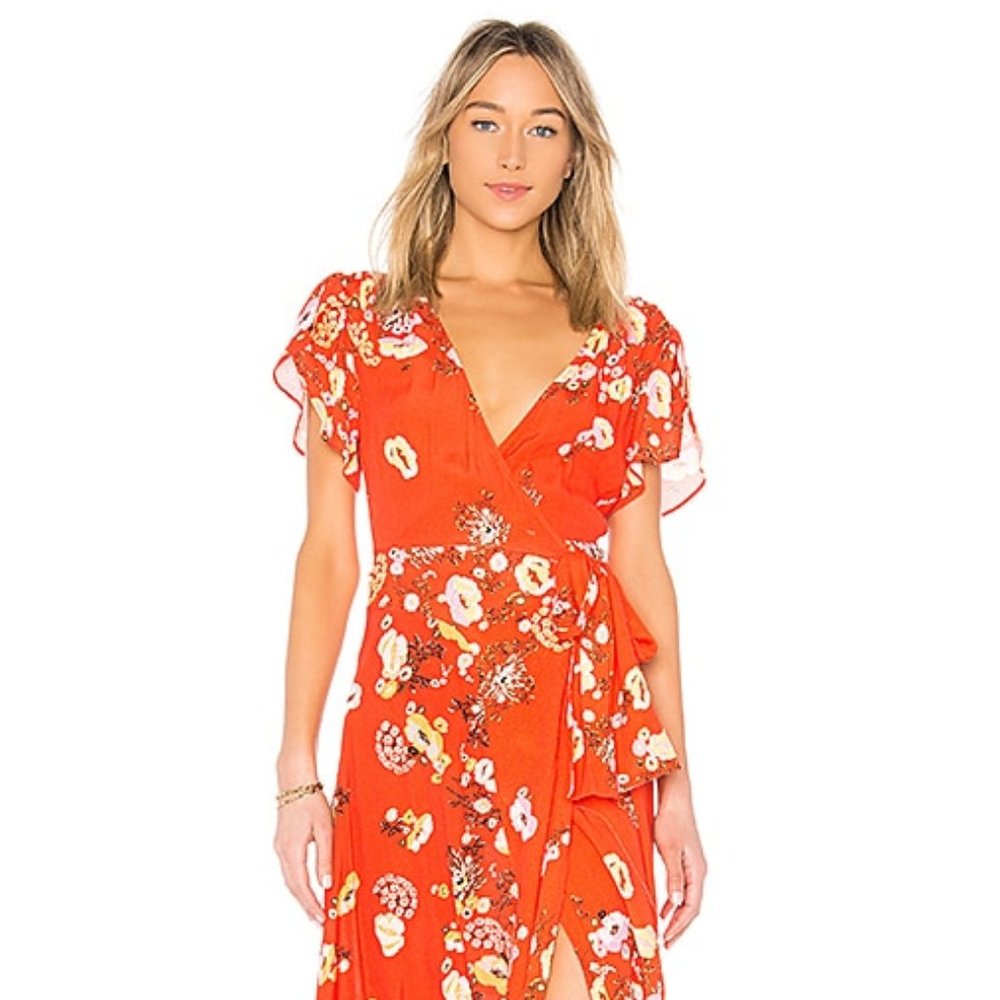 Free People Red Floral Jess Wrap Dress_S